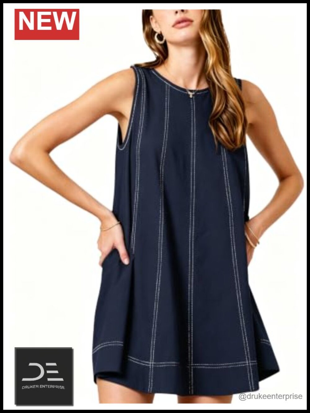 Sleeveless Mini Dress with Pockets Contrast Stitch A-Line Casual